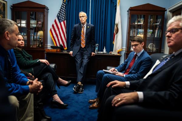 Rep. Jared Huffman (D-CA) meets with a group of Rural California school district superintendents in his office on Capitol Hill on Tuesday, Feb. 7, 2023 in Washington, DC.