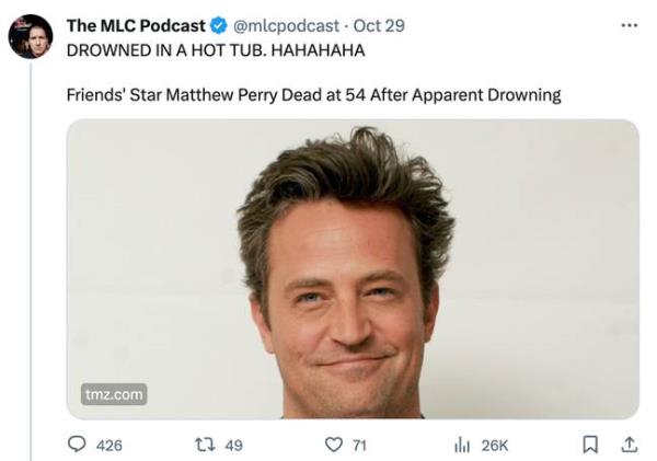 Ex SNL writer Kevin Brennan tweeted a<em></em>bout Matthew Perry's passing. Credits: @mlcpodcast/X
