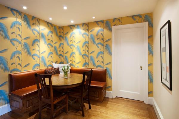 The home's dining area with a built-in banquette.