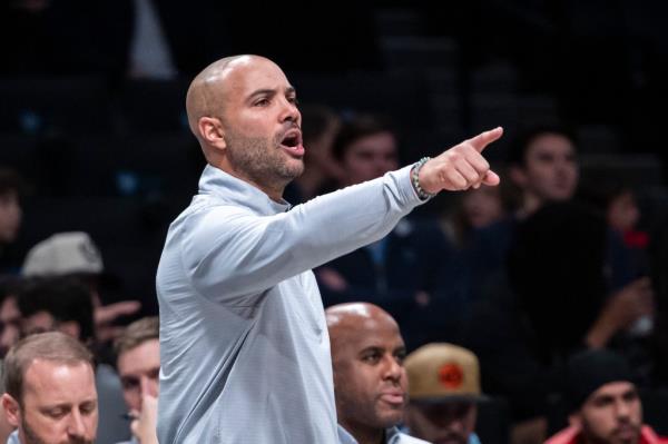 Nets head coach Jordi Fernandez reacts in the first half against the Denver Nuggets at Barclays Center, Tuesday, Oct. 29, 2024, in Brooklyn, NY. 