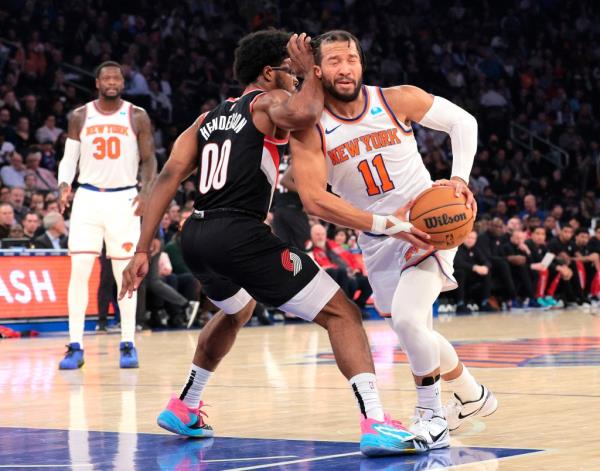 Jalen Brunson gets whacked in the face — without a foul being called — by the Blazers’ Scoot Henderson earlier this season. While Tom Thibodeau and the Knicks have decried the lack of fouls Brunson has drawn, stats and NBA insiders indicate it’s not unwarranted. 