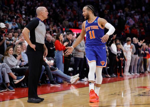 Jalen Brunson #11 of the New York Knicks argues a call against the Houston Rockets