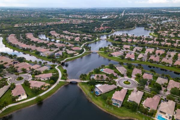 aerial view of the city and neighborhood