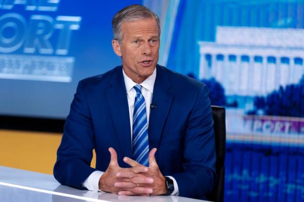 Sen. John Thune, R-S.D., left, is interviewed by Bret Baier, during a taping of FOX News Channel's Special Report with Bret Baier, Thursday, Nov. 14, 2024, in Washington.