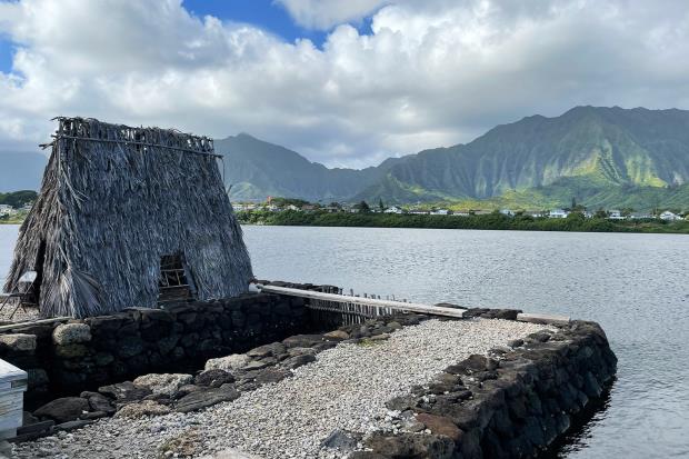 A structure, or hale, at the He?eia fishpond next to the sluice gates, or mākāhā.
