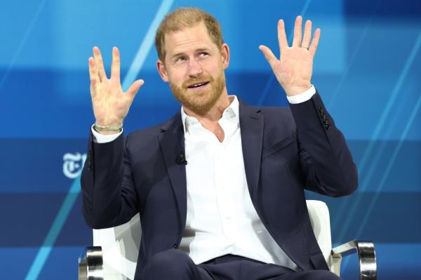Prince Harry, The Duke of Sussex, speaks during the New York Times annual DealBook summit.