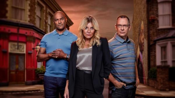 A press shot of George Knight, Cindy Beale and Ian Beale in EastEnders