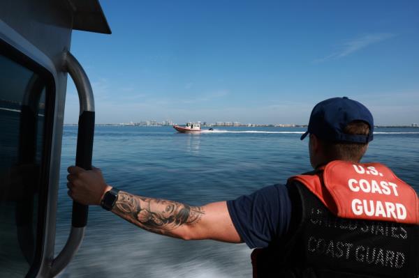 A United States Coast Guard 33 foot respo<em></em>nse boat navigates through Biscayne Bay during a media event on June 09, 2022 in Miami Beach, Florida. The Coast Guard demo<em></em>nstrated its abilities to co<em></em>nduct a search and rescue mission