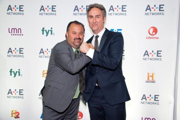 Frank Fritz (L) and Mike Wolfe attend A+E Network's 2015 Upfront at Park Avenue Armory on April 30, 2015 in New York City.  