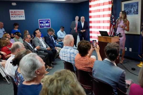 Republican Natio<em></em>nal Committee Co-chair Lara Trump addresses an election integrity volunteer training program at the Oakland County GOP Headquarters, Friday, June 14, 2024 in Bloomfield Hills, Michigan