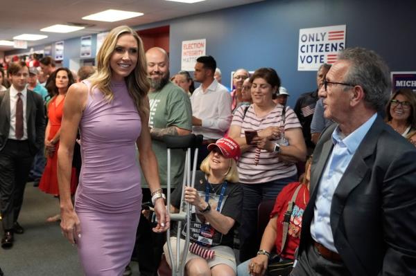 Republican Natio<em></em>nal Committee co-chair Lara Trump arrives to kickoff an election integrity volunteer training at the Oakland County GOP Headquarters, Friday, June 14, 2024 in Bloomfield Hills, Michigan
