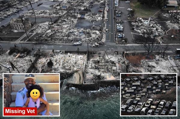 Dozens of burned-out cars sit in a parking lot in Lahaina.