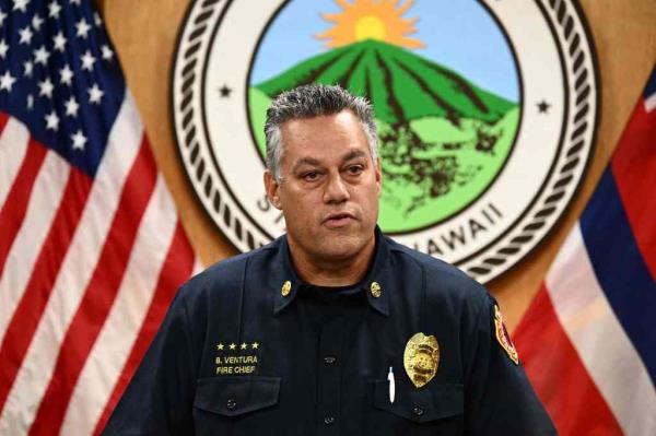 Maui County Fire Chief Brad Ventura spoke during a press co<em></em>nference a<em></em>bout the destruction of historic Lahaina and the aftermath of wildfires in western Maui in Wailuku, Hawaii on August 10, 2023. 