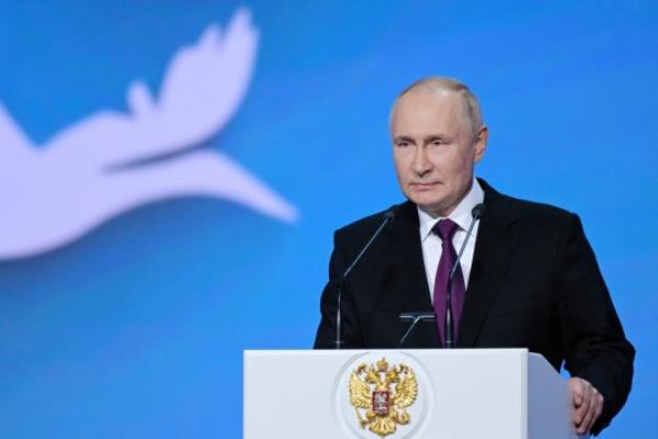 Russian President Vladimir Putin delivers a speech during a co<em></em>ncert dedicated to the 100th birth anniversary of Soviet and Russian poet Rasul Gamzatov at the State Kremlin Palace in Moscow, Russia, Thursday, Sept. 28, 2023. (Alexei Nikolsky, Sputnik, Kremlin Pool Photo via AP)
