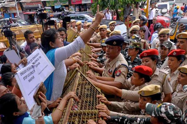 Members of the Assam Pradesh Mahila Co<em></em>ngress protest over co<em></em>ntinuing violence in Manipur India on July 21, 2023.