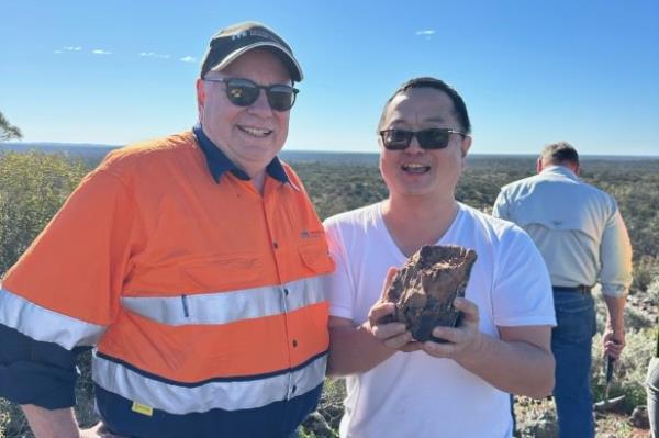 Macarthur Minerals executive chairman Cam McCall, left,  and Gold Valley executive chairman Yuzheng Xie during a recent orientation site visit to Lake Giles.