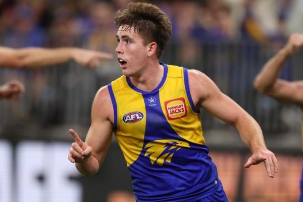PERTH, AUSTRALIA - MAY 04: Jake Waterman of the Eagles celebrates after scoring a goal during the 2024 AFL Round 08 match between the West Coast Eagles and the Essendon Bombers at Optus Stadium on May 04, 2024 in Perth, Australia. (Photo by Will Russell/AFL Photos via Getty Images)