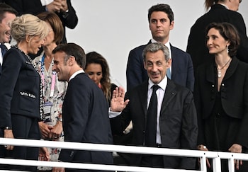 Seen at the opening ceremony of the Games were Brigitte and Emmanuel Macron, former president Nicolas Sarkozy (centre front), prime minister Gabriel Attal (centre back) and sports minister Amélie Oudéa-Castéra