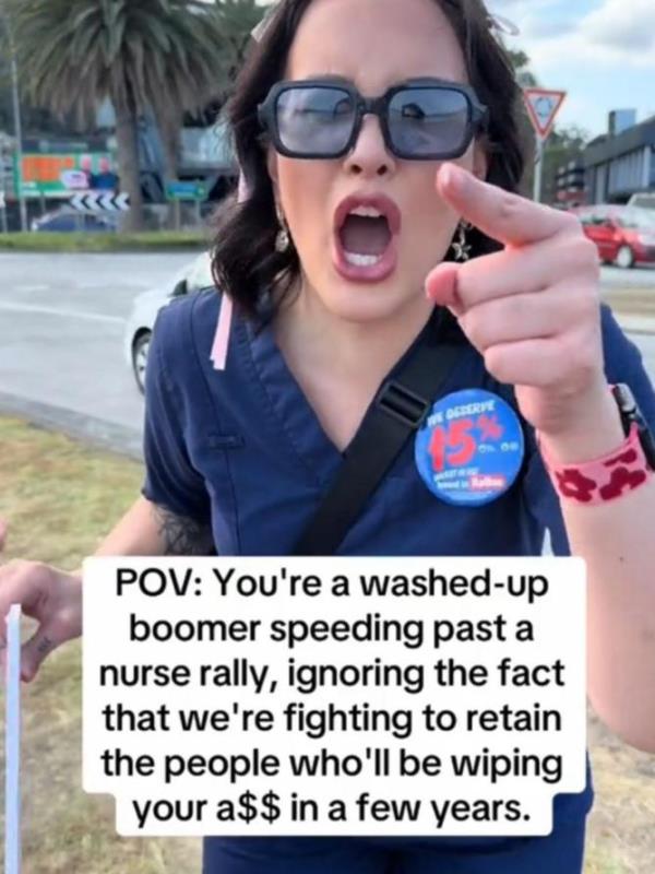 The NSW nurse claimed she was subjected to verbal abuse from passing 'boomers' while on strike. TikTok