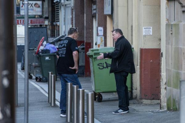 Greenfield talks to MUA Sydney secretary Paul Keating on Sussex Street the day before the rally.