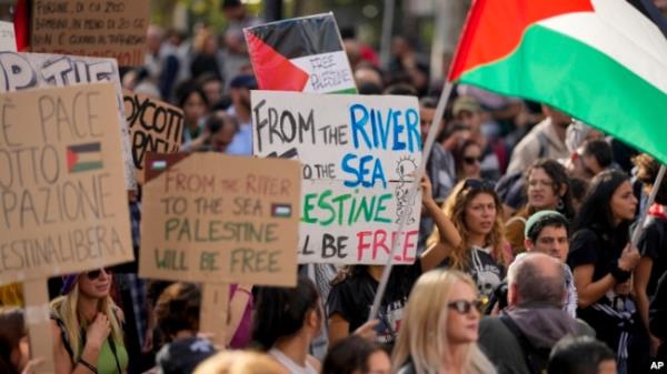 FILE - Protesters gather for a pro-Palestinian demonstration, in Rome, on Oct. 28, 2023.