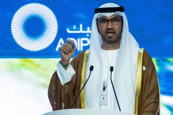 The president of the upcoming COP28 climate change Sultan Ahmed al-Jaber speaks during the Abu Dhabi Internatio<em></em>nal Petroleum Exhibition at ADNEC Exhibition Center Oct. 2, 2023. Jaber said that the fossil fuel industry would play an essential role in addressing the climate crisis. 