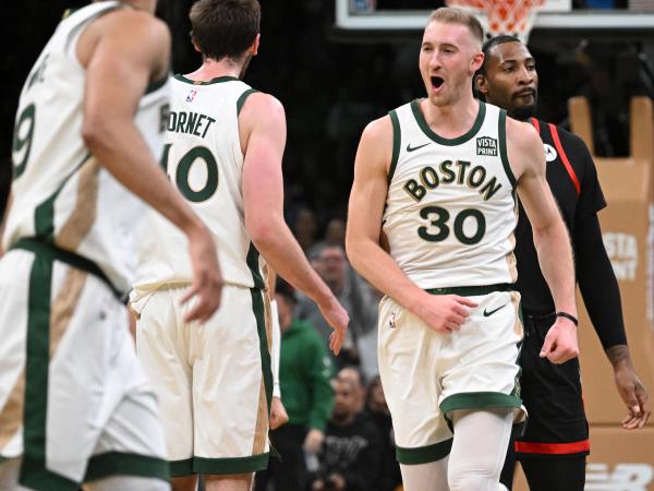 BOSTON, MASSACHUSETTS - NOVEMBER 28: Sam Hauser #30 of the Boston Celtics reacts after scoring against the Chicago Bulls during the fourth quarter of an NBA In-Season Tournament game at the TD Garden on November 28, 2023 in Boston, Massachusetts. NOTE TO USER: User expressly acknowledges and agrees that, by downloading and or using this photograph, User is co<em></em>nsenting to the terms and co<em></em>nditions of the Getty Images License Agreement. (Photo by Brian Fluharty/Getty Images)