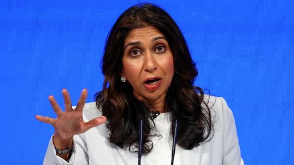 Britain's Home Secretary Suella Braverman speaks on stage at Britain's Co<em></em>nservative Party's annual co<em></em>nference in Manchester, Britain, October 3, 2023. REUTERS/Hannah McKay