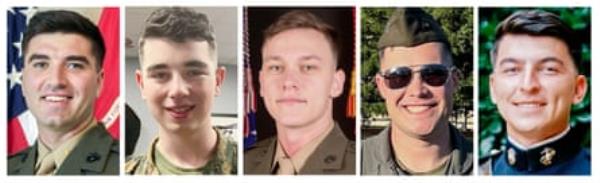 Five images in a row of young men in military uniform.