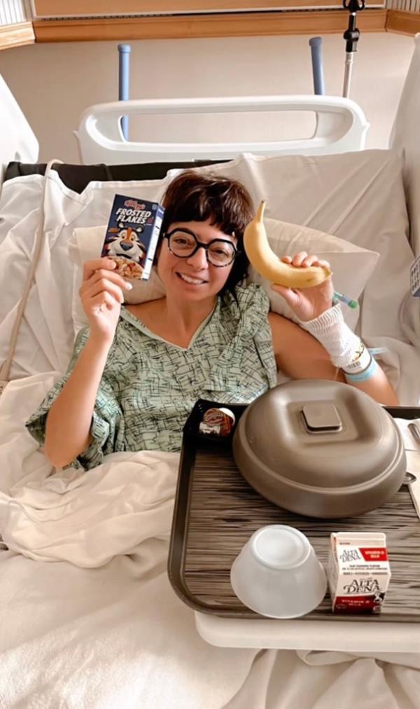 Kate Micucci  in her TikTok from the hospital, smiling. 