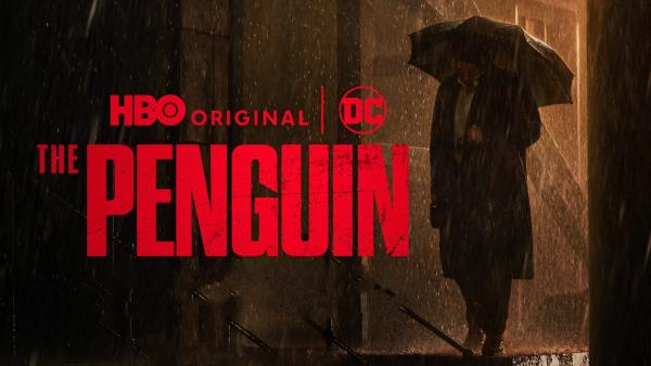 The Penguin in the rain with an umbrella