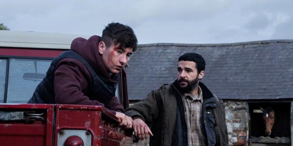 Barry Keoghan looks intense next to another man in Bring Them Down still