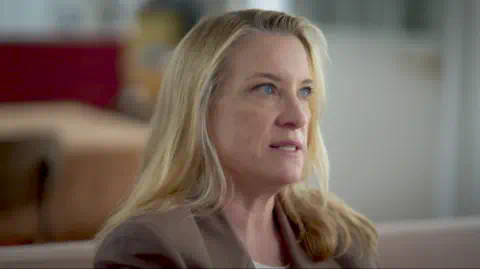 A still from the BBC docu<em></em>mentary Al Fayed: Predator at Harrods, showing Kristina Svensson, a woman with blo<em></em>nde hair and blue eyes, wearing a suit