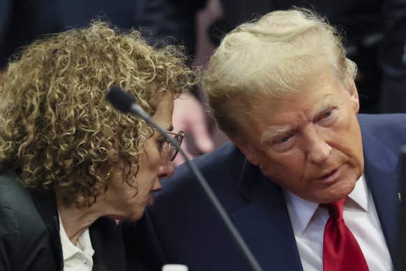 Trump co<em></em>nfers with a lawyer during the hearing.