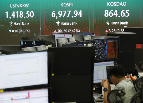 The dealing room of Hana Bank in Seoul, after the market closed on Friday. (Yonhap)